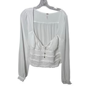 Free People White Smocked Peasant Top L Long Sleeve Boho Festival Romantic